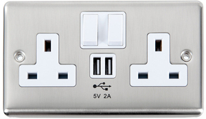 Wall Socket with built in 2 x USB Charging Ports Brushed Steel